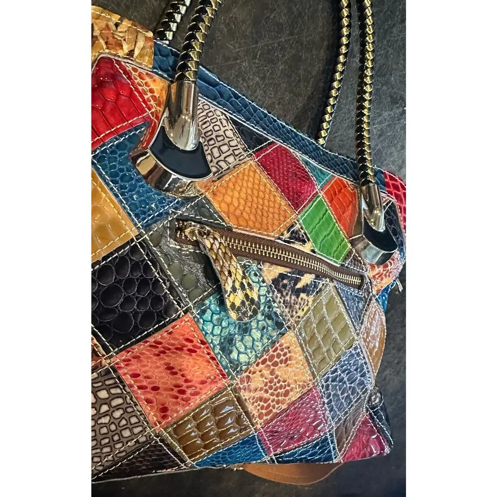 Vintage Leather Snake Blocks Patchwork Handbag Satchel Tote Shoulder Bag